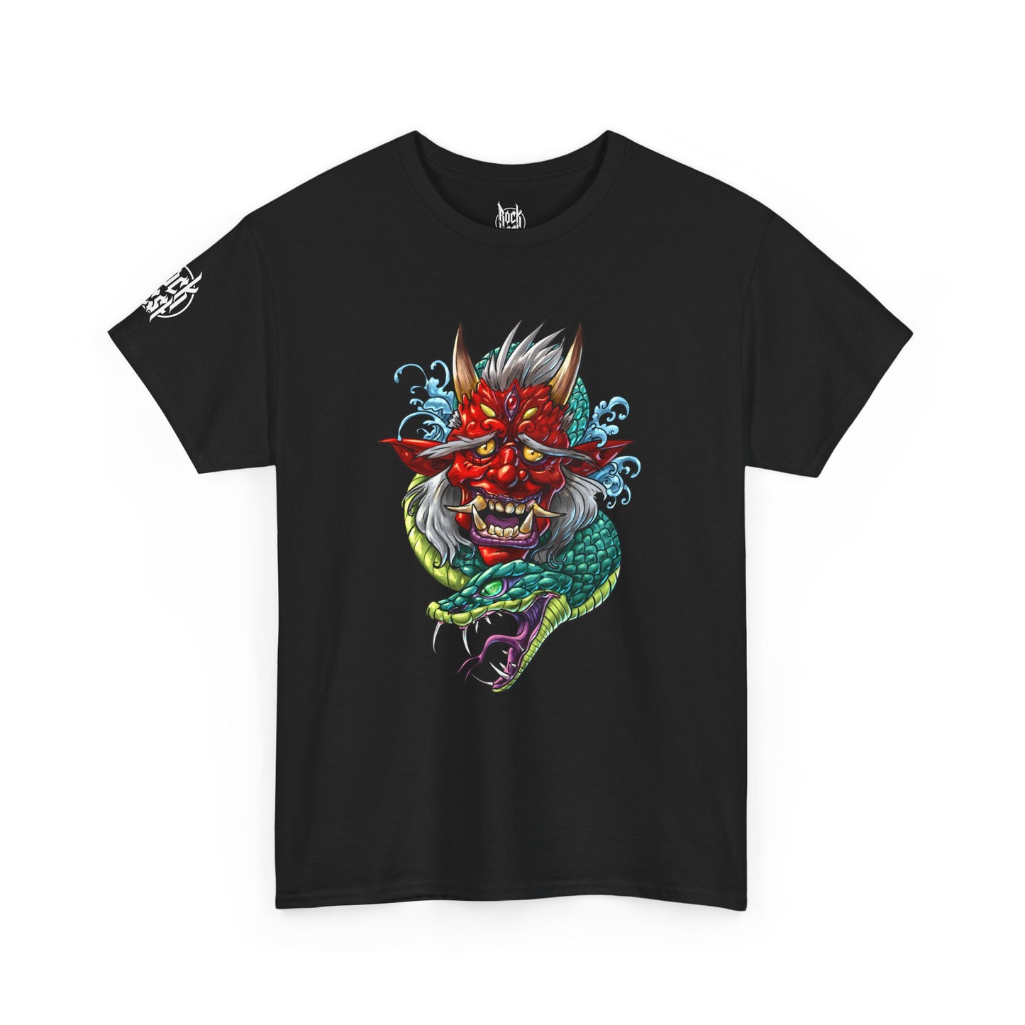 Oni Mask & Serpent Graphic Tee — Japanese Demon Tattoo Style T-Shirt