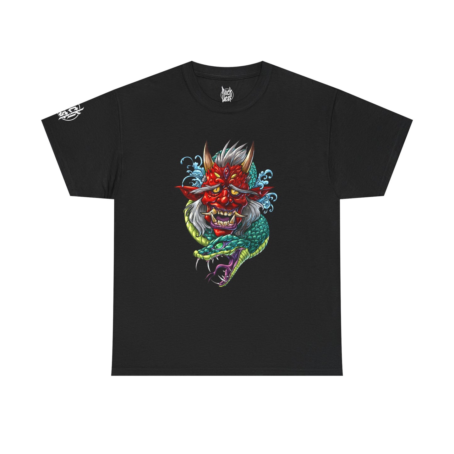 Oni Mask & Serpent Graphic Tee — Japanese Demon Tattoo Style T-Shirt