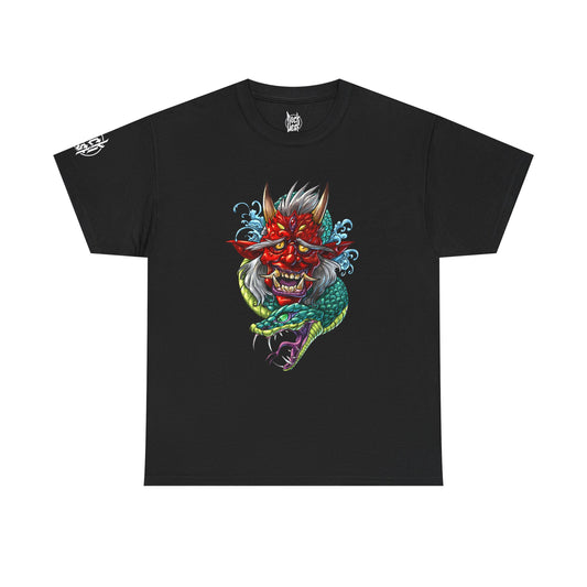 Oni Mask & Serpent Graphic Tee — Japanese Demon Tattoo Style T-Shirt